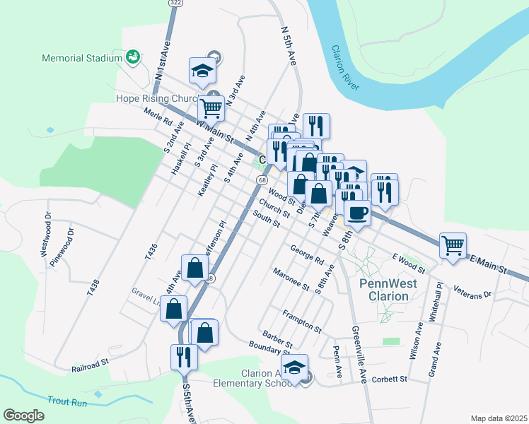 map of restaurants, bars, coffee shops, grocery stores, and more near 56-72 Center Place in Clarion