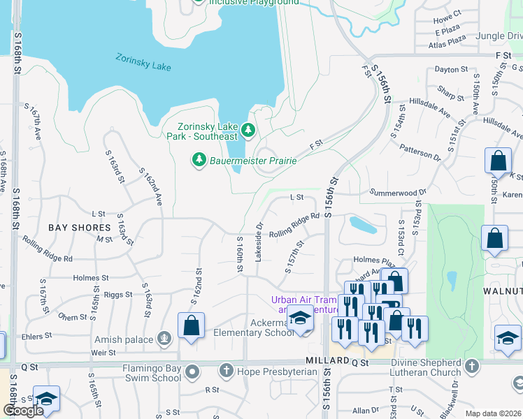 map of restaurants, bars, coffee shops, grocery stores, and more near 4716 Lakeside Drive in Omaha
