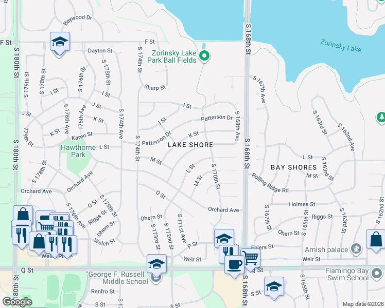 map of restaurants, bars, coffee shops, grocery stores, and more near 17031 Karen Street in Omaha
