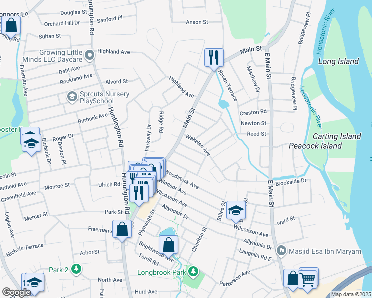 map of restaurants, bars, coffee shops, grocery stores, and more near 547 Harvard Avenue in Stratford