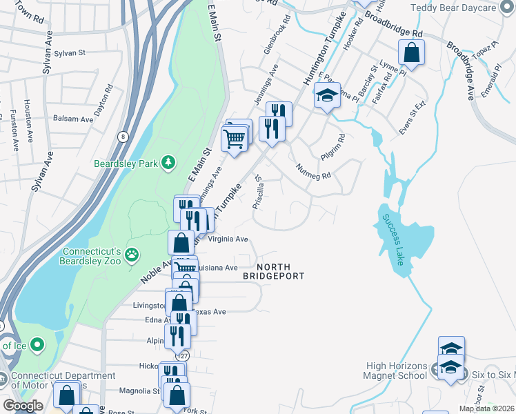 map of restaurants, bars, coffee shops, grocery stores, and more near 133 Priscilla Street in Bridgeport