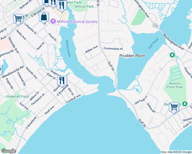 map of restaurants, bars, coffee shops, grocery stores, and more near 35 Oyster Landing Road in Milford