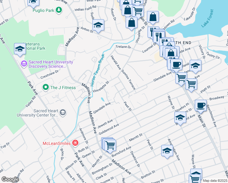 map of restaurants, bars, coffee shops, grocery stores, and more near 99 Marconi Avenue in Bridgeport
