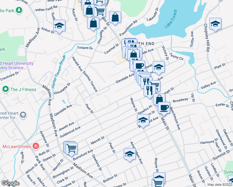 map of restaurants, bars, coffee shops, grocery stores, and more near 203 Englewood Avenue in Bridgeport