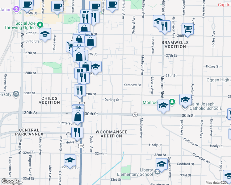 map of restaurants, bars, coffee shops, grocery stores, and more near 562 29th Street in Ogden