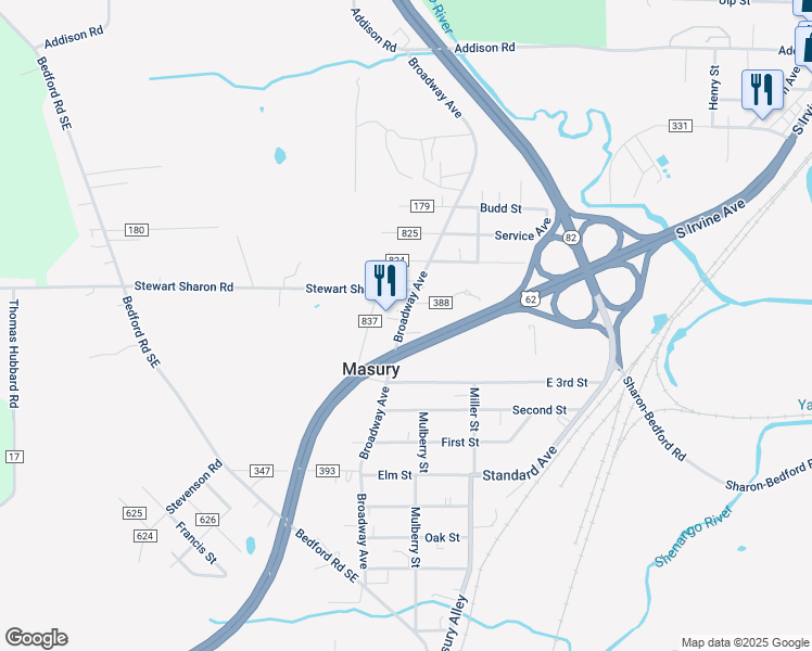 map of restaurants, bars, coffee shops, grocery stores, and more near 1145 Broadway Avenue in Masury