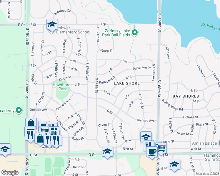 map of restaurants, bars, coffee shops, grocery stores, and more near 17230 K Street in Omaha