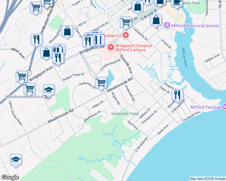map of restaurants, bars, coffee shops, grocery stores, and more near 76 Meadowside Road in Milford