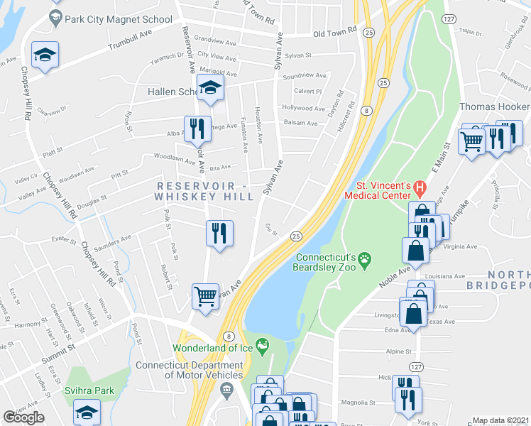 map of restaurants, bars, coffee shops, grocery stores, and more near 756 Sylvan Avenue in Bridgeport
