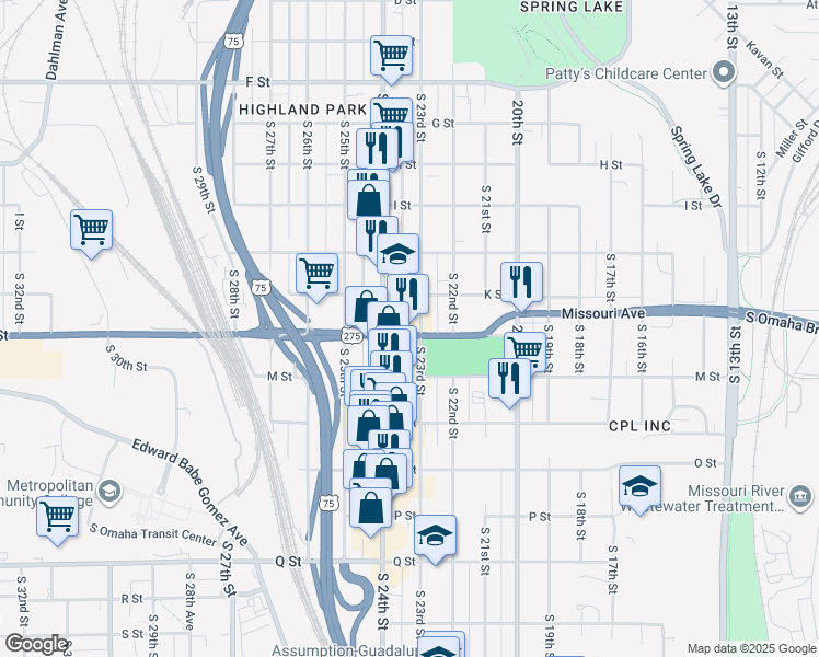 map of restaurants, bars, coffee shops, grocery stores, and more near 2302 U.S. 275 in Omaha