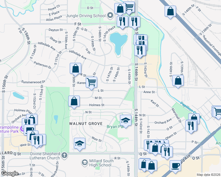 map of restaurants, bars, coffee shops, grocery stores, and more near 14624 L St in Omaha