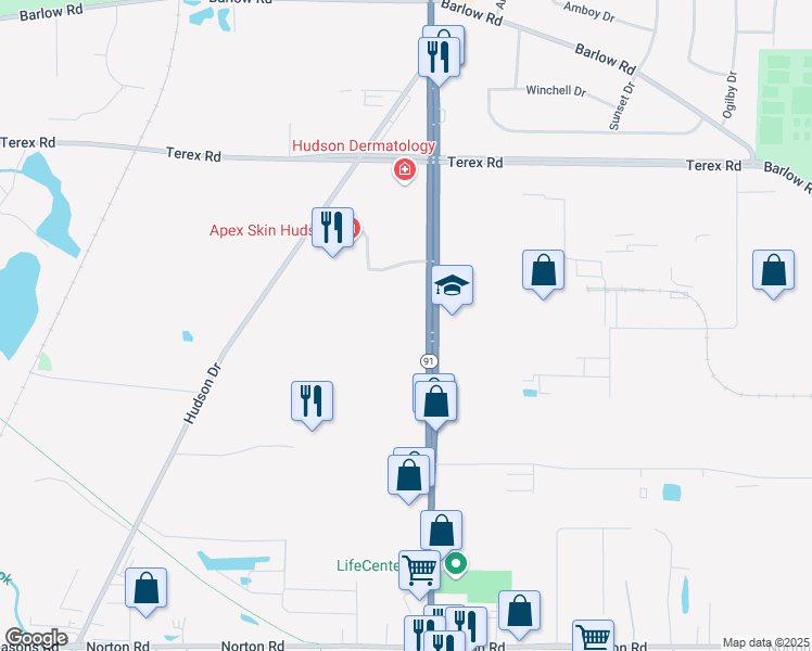 map of restaurants, bars, coffee shops, grocery stores, and more near 5400 Darrow Road in Hudson