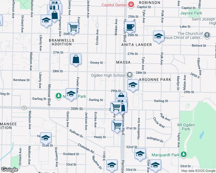 map of restaurants, bars, coffee shops, grocery stores, and more near 2872 Van Buren Avenue in Ogden