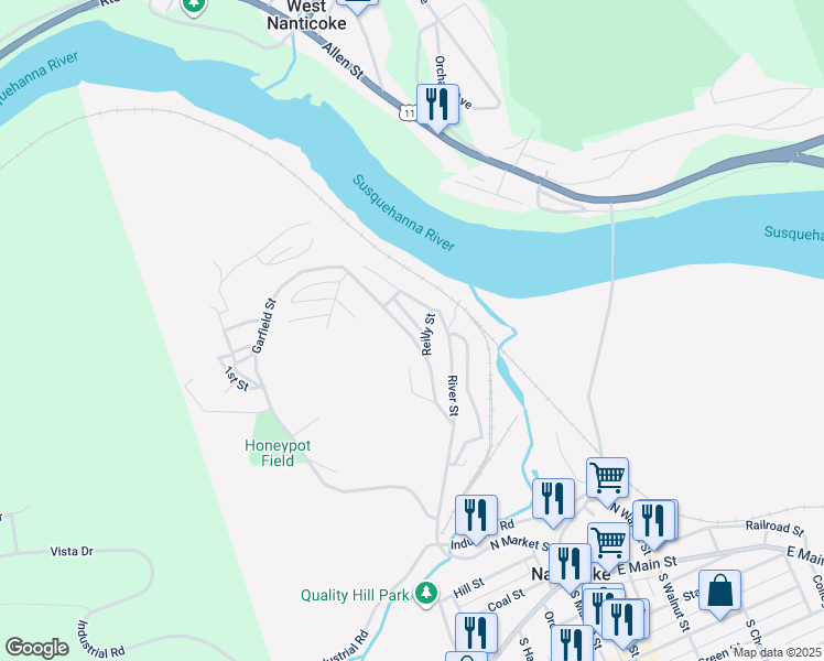 map of restaurants, bars, coffee shops, grocery stores, and more near 92 Garfield Street in Nanticoke