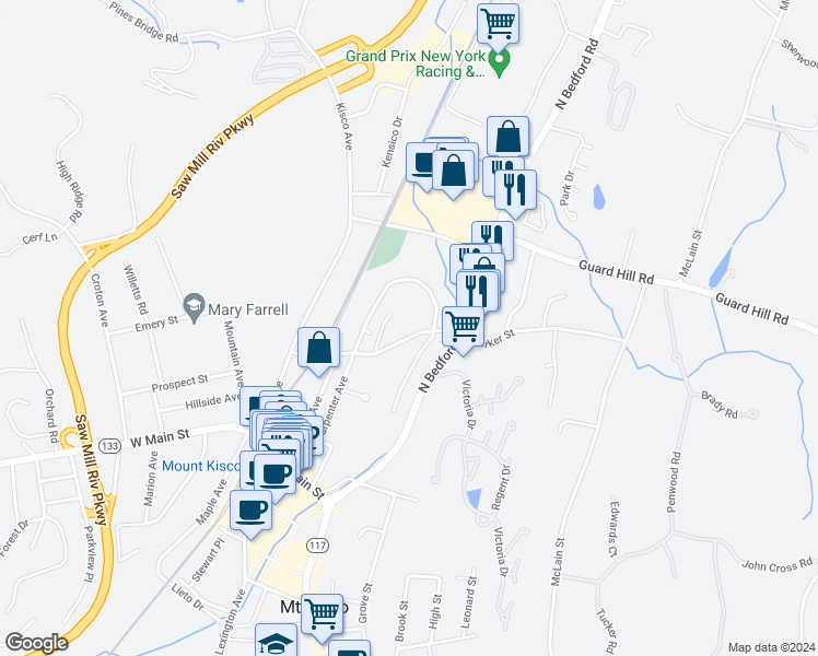 map of restaurants, bars, coffee shops, grocery stores, and more near 73 Barker Street in Mount Kisco