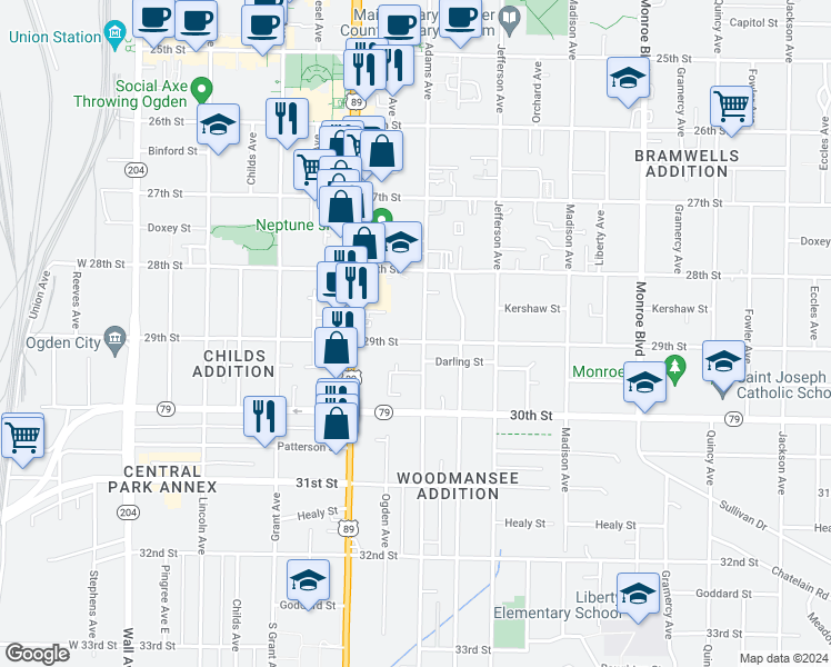 map of restaurants, bars, coffee shops, grocery stores, and more near 2880 Adams Avenue in Ogden
