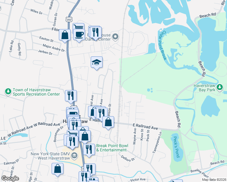 map of restaurants, bars, coffee shops, grocery stores, and more near 76 Benson Street in West Haverstraw