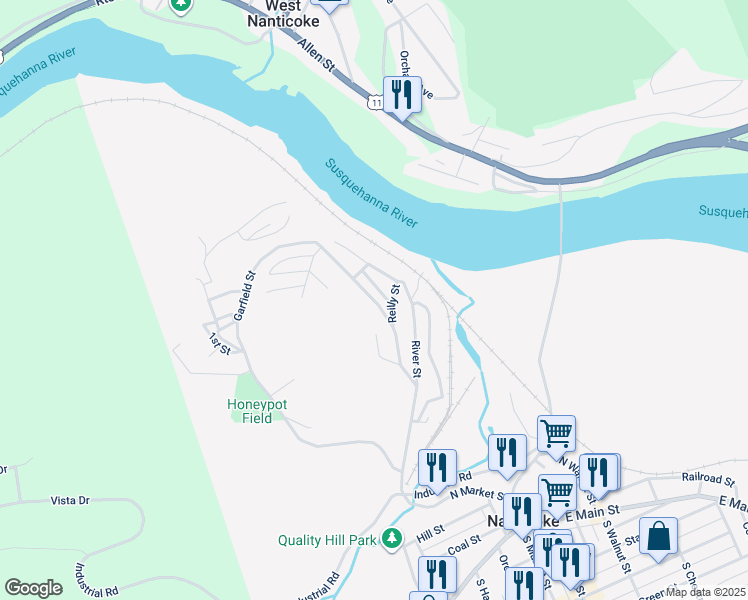 map of restaurants, bars, coffee shops, grocery stores, and more near 92 Garfield Street in Nanticoke