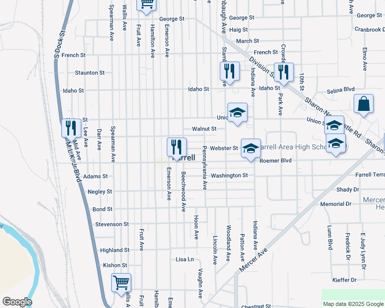 map of restaurants, bars, coffee shops, grocery stores, and more near 1099 Webster St in Farrell