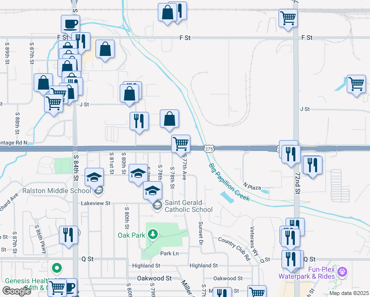 map of restaurants, bars, coffee shops, grocery stores, and more near 7669-7749 L St in Omaha