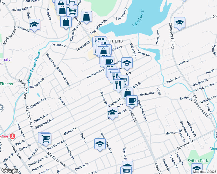 map of restaurants, bars, coffee shops, grocery stores, and more near 53 Jewett Avenue in Bridgeport