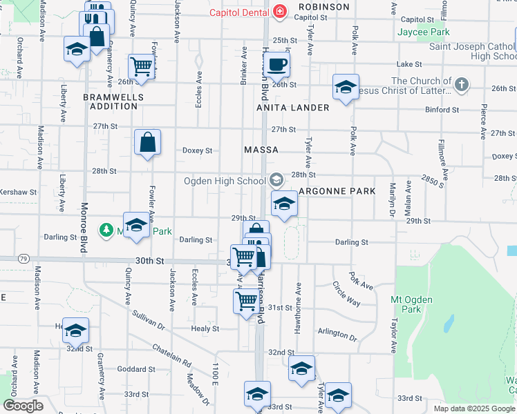 map of restaurants, bars, coffee shops, grocery stores, and more near 2871 Harrison Boulevard in Ogden