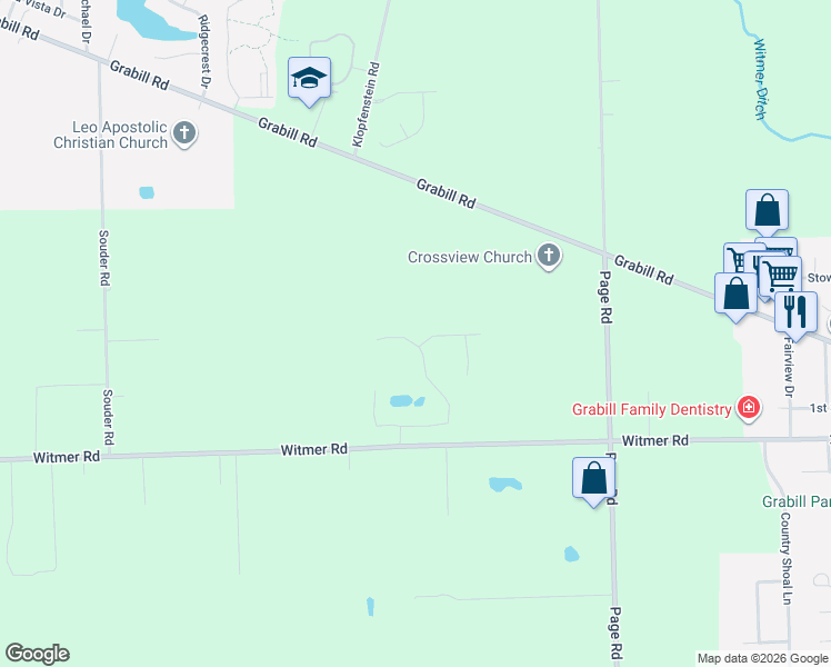 map of restaurants, bars, coffee shops, grocery stores, and more near Saddle Creek Lane in Grabill