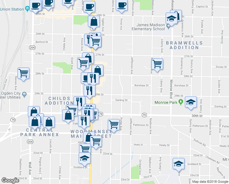 map of restaurants, bars, coffee shops, grocery stores, and more near 2880 Adams Avenue in Ogden
