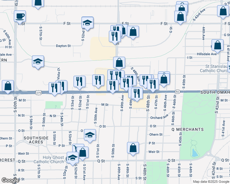map of restaurants, bars, coffee shops, grocery stores, and more near L Street & South 50th Street in Omaha