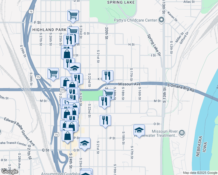 map of restaurants, bars, coffee shops, grocery stores, and more near 4707 S 20th St in Omaha
