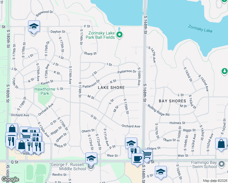 map of restaurants, bars, coffee shops, grocery stores, and more near 17031 Karen St in Omaha