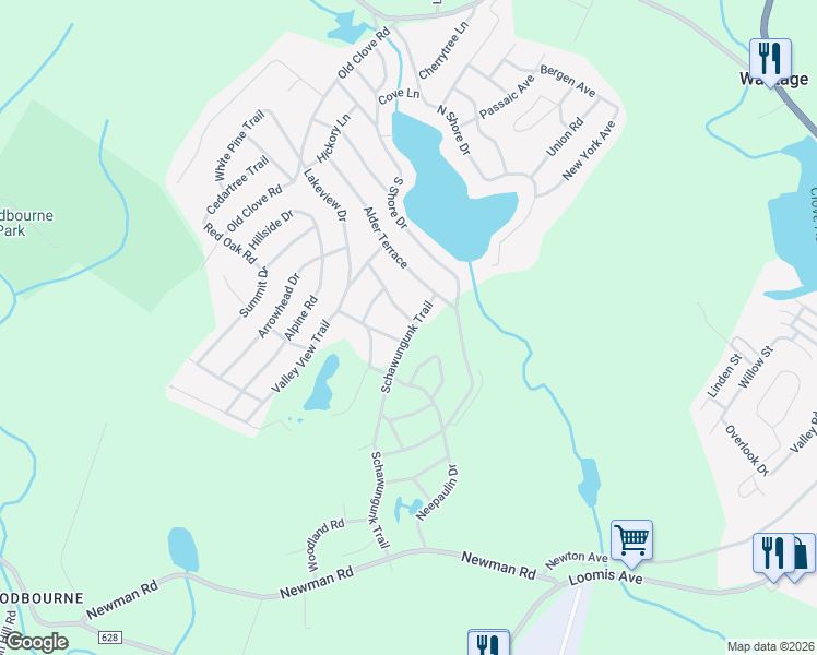 map of restaurants, bars, coffee shops, grocery stores, and more near 32 Overlook Road in Wantage