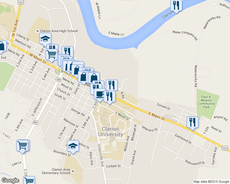 map of restaurants, bars, coffee shops, grocery stores, and more near 821 Madison Road in Clarion