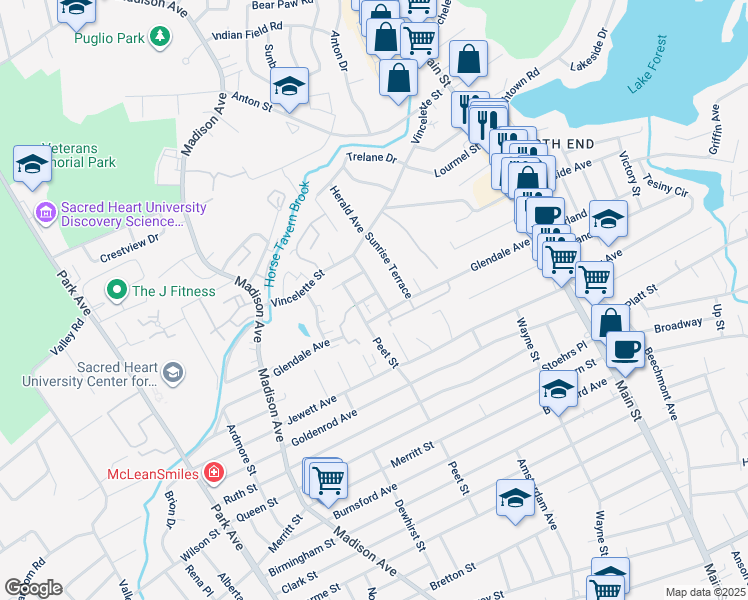 map of restaurants, bars, coffee shops, grocery stores, and more near 87 Primrose Avenue in Bridgeport