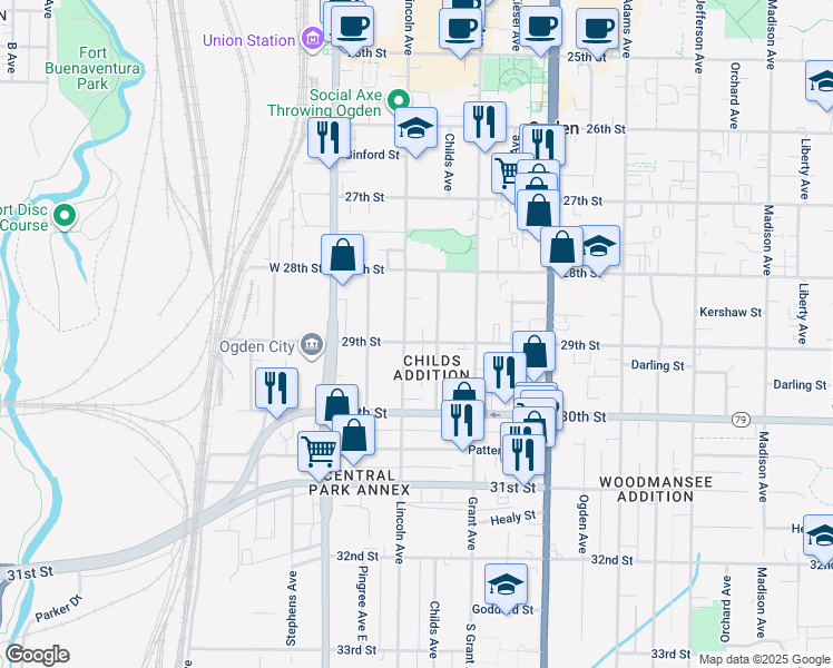 map of restaurants, bars, coffee shops, grocery stores, and more near 214 29th Street in Ogden