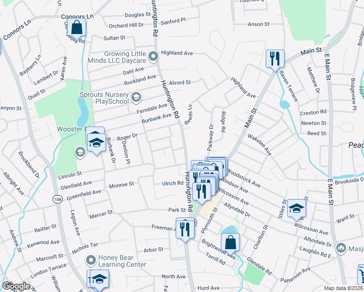 map of restaurants, bars, coffee shops, grocery stores, and more near 419 Huntington Road in Stratford
