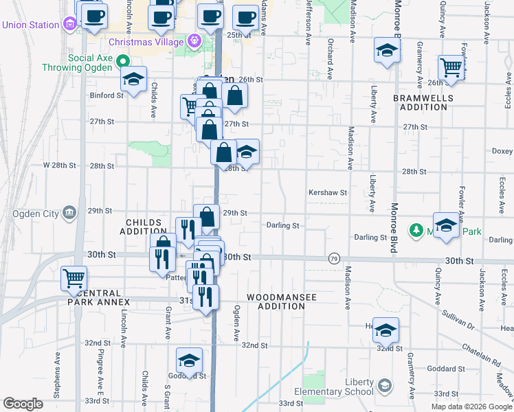 map of restaurants, bars, coffee shops, grocery stores, and more near 2880 Adams Avenue in Ogden