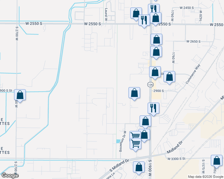 map of restaurants, bars, coffee shops, grocery stores, and more near 2805 South 2025 West in West Haven