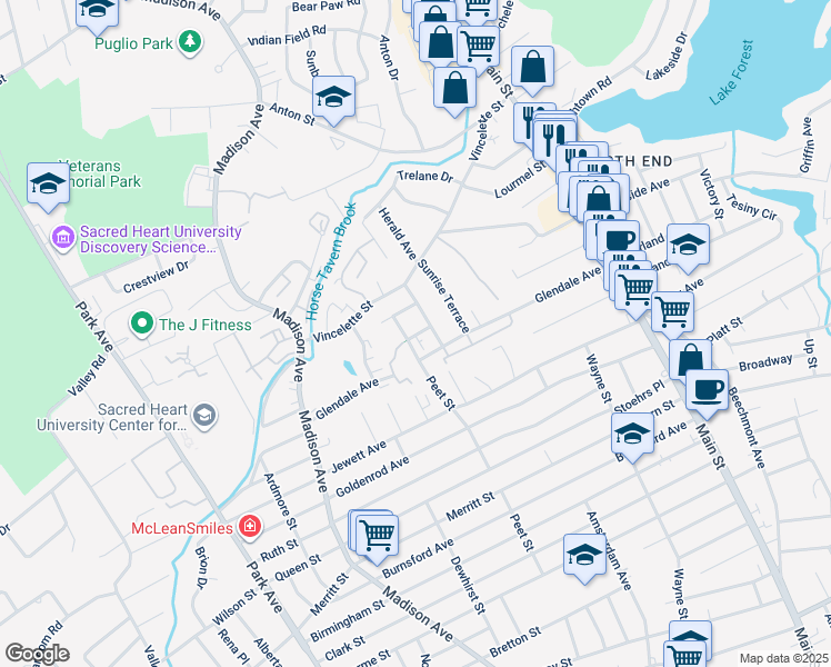 map of restaurants, bars, coffee shops, grocery stores, and more near 87 Primrose Avenue in Bridgeport
