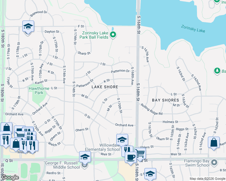 map of restaurants, bars, coffee shops, grocery stores, and more near 16928 L Circle in Omaha