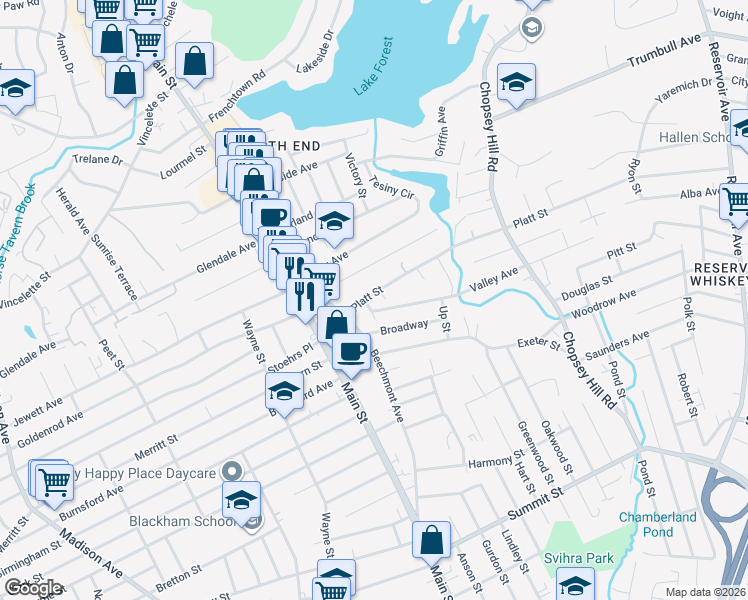 map of restaurants, bars, coffee shops, grocery stores, and more near 947 Platt Street in Bridgeport
