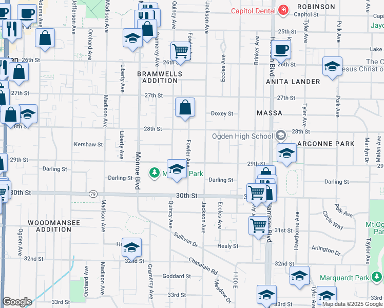 map of restaurants, bars, coffee shops, grocery stores, and more near 2864 Fowler Avenue in Ogden