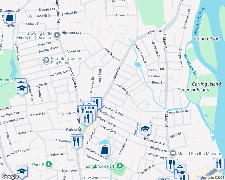 map of restaurants, bars, coffee shops, grocery stores, and more near 547 Harvard Avenue in Stratford