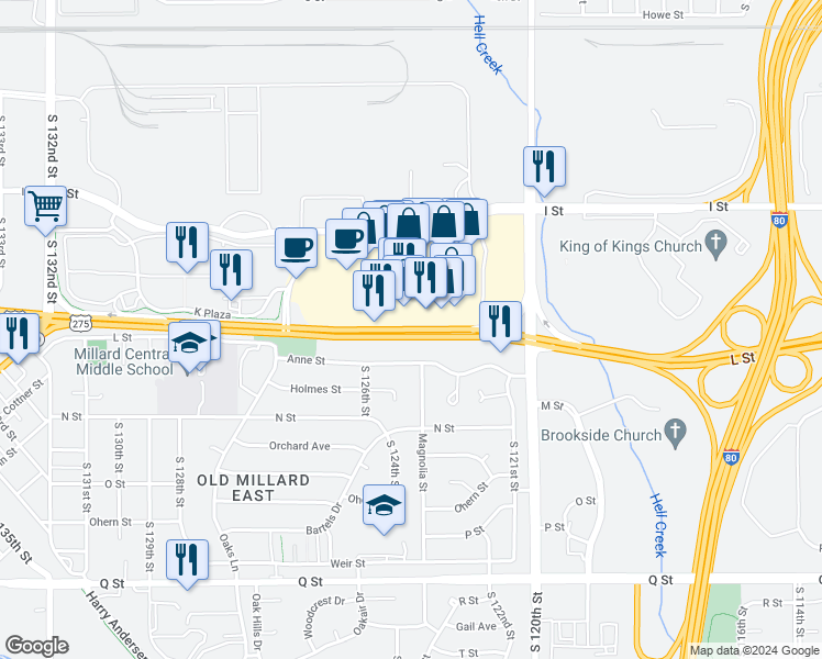 map of restaurants, bars, coffee shops, grocery stores, and more near 12330 Highway 92 in Omaha