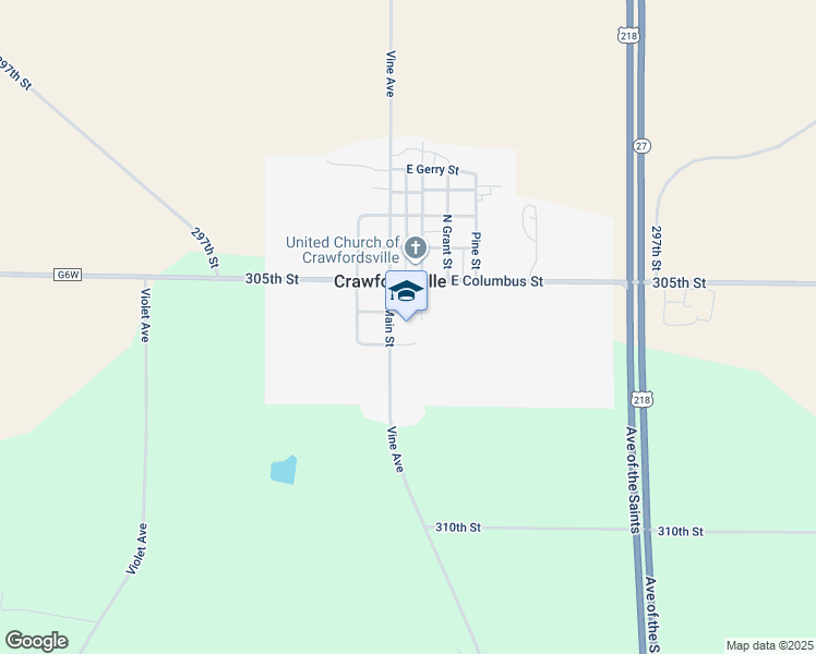 map of restaurants, bars, coffee shops, grocery stores, and more near 200 South Main Street in Crawfordsville