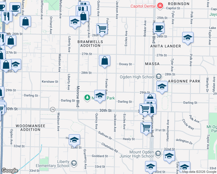map of restaurants, bars, coffee shops, grocery stores, and more near 2864 Fowler Avenue in Ogden