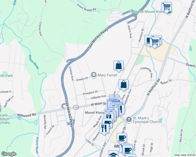 map of restaurants, bars, coffee shops, grocery stores, and more near 14 Emery Street in Mount Kisco