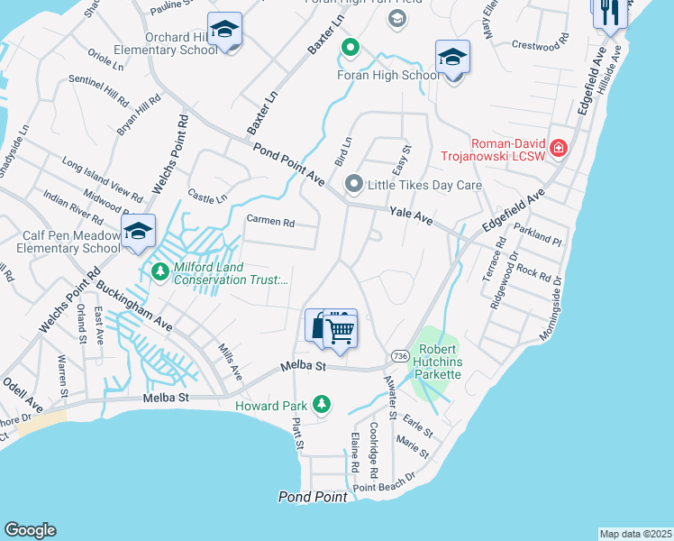 map of restaurants, bars, coffee shops, grocery stores, and more near 211 Platt Street in Milford