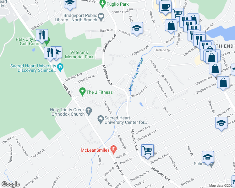 map of restaurants, bars, coffee shops, grocery stores, and more near 12 Roxbury Lane in Bridgeport