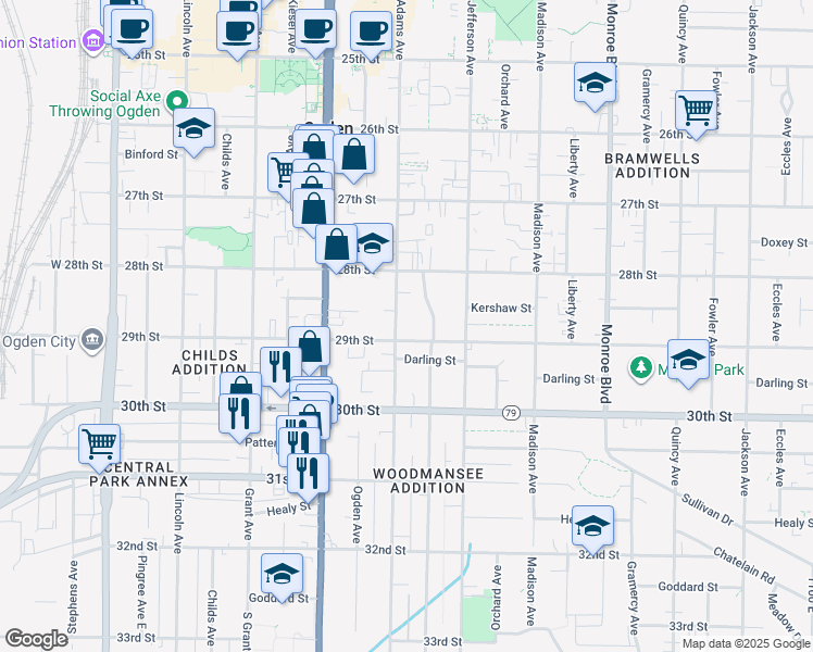 map of restaurants, bars, coffee shops, grocery stores, and more near 2880 Adams Avenue in Ogden